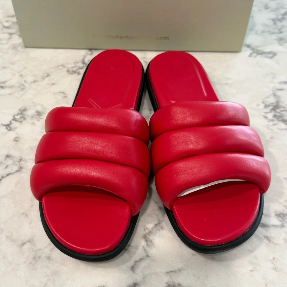 NEW Marc Fisher LTD Yessy Leather Textured Flatform Sandals Tomato Red Women’s 9